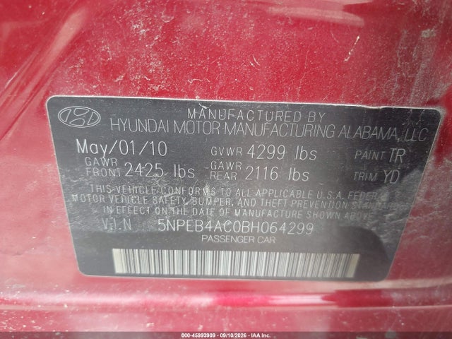 Aukcja sprzedaży 2011 Hyundai Sonata Gls, vin: 5NPEB4AC0BH064299, numer aukcji: 45993909