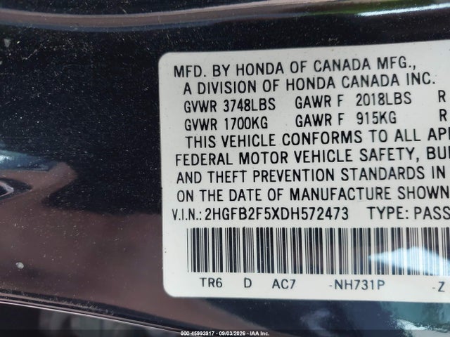 2013 Honda Civic Lx მანქანა იყიდება აუქციონზე, vin: 2HGFB2F5XDH572473, აუქციონის ნომერი: 45993917