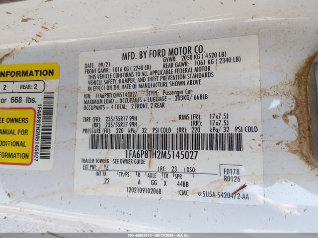 Продаж на аукціоні авто 2021 Ford Mustang Ecoboost Fastback, vin: 1FA6P8TH2M5145027, номер лоту: 45993918