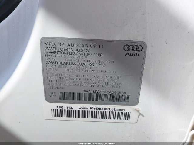 2012 Audi Q5 2.0t Premium მანქანა იყიდება აუქციონზე, vin: WA1LFAFP3CA040538, აუქციონის ნომერი: 45993921