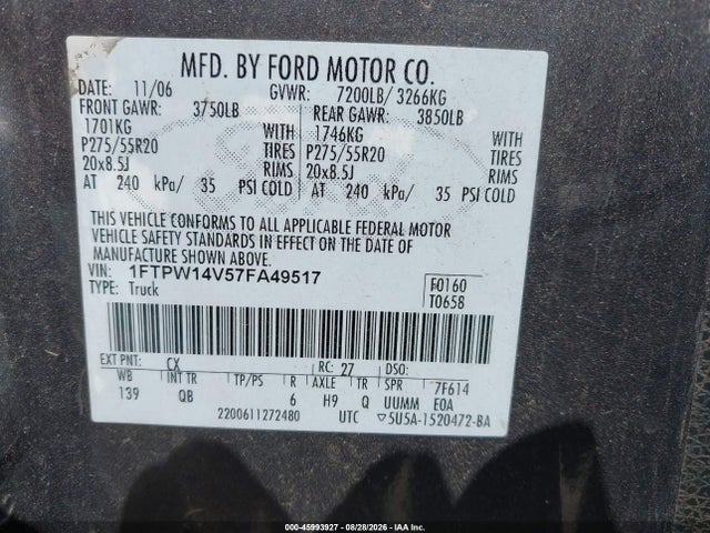 Продажа на аукционе авто 2007 Ford F-150 Fx4/lariat/xlt, vin: 1FTPW14V57FA49517, номер лота: 45993927