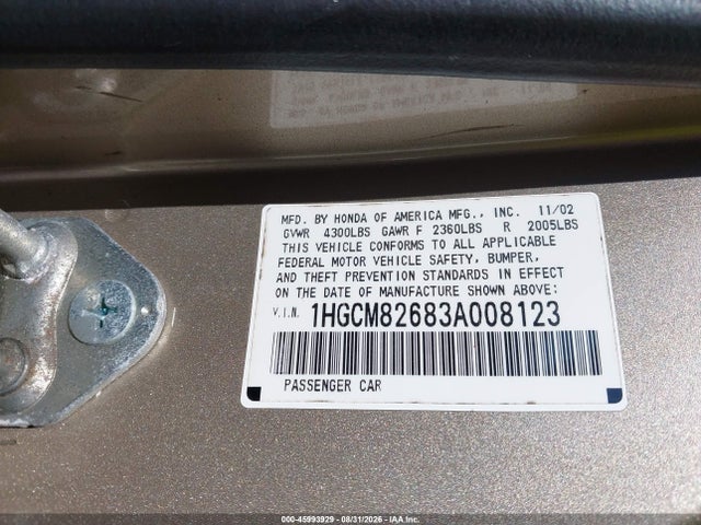 Продажа на аукционе авто 2003 Honda Accord 3.0 Ex, vin: 1HGCM82683A008123, номер лота: 45993929