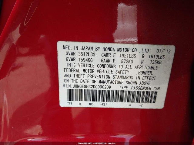 Продаж на аукціоні авто 2013 Honda Fit, vin: JHMGE8H32DC000209, номер лоту: 45993932