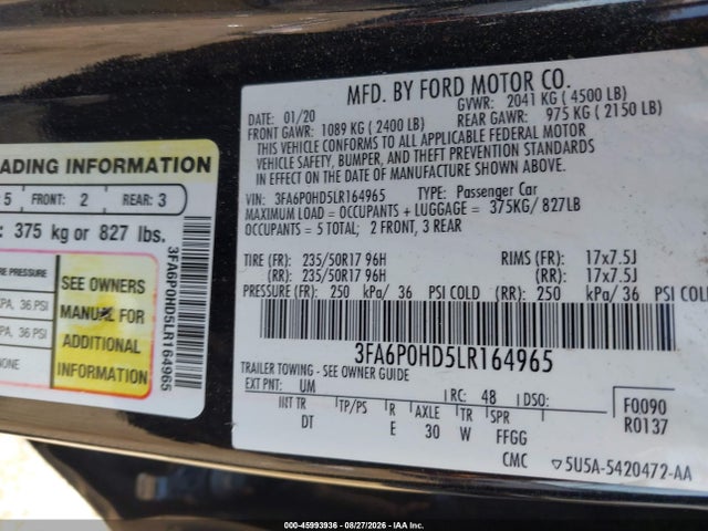 45993936 :رقم المزاد ، 3FA6P0HD5LR164965 vin ، 2020 Ford Fusion Se مزاد بيع
