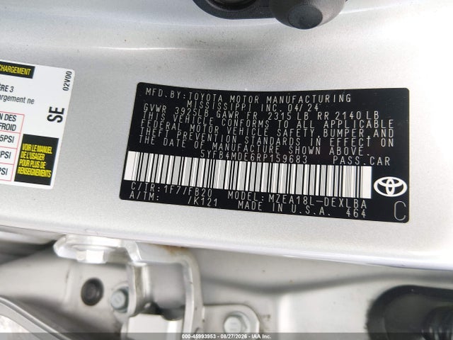 45993953 :رقم المزاد ، 5YFB4MDE6RP159683 vin ، 2024 Toyota Corolla Le مزاد بيع