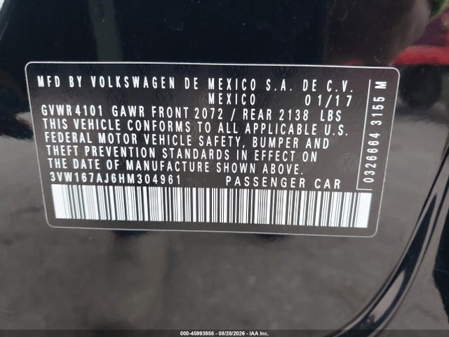 2017 Volkswagen Jetta 1.4t S მანქანა იყიდება აუქციონზე, vin: 3VW167AJ6HM304961, აუქციონის ნომერი: 45993958