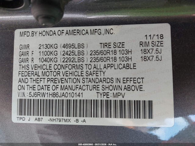 Aukcja sprzedaży 2018 Honda Cr-v Ex-l/ex-l Navi, vin: 5J6RW1H86JA010141, numer aukcji: 45993960