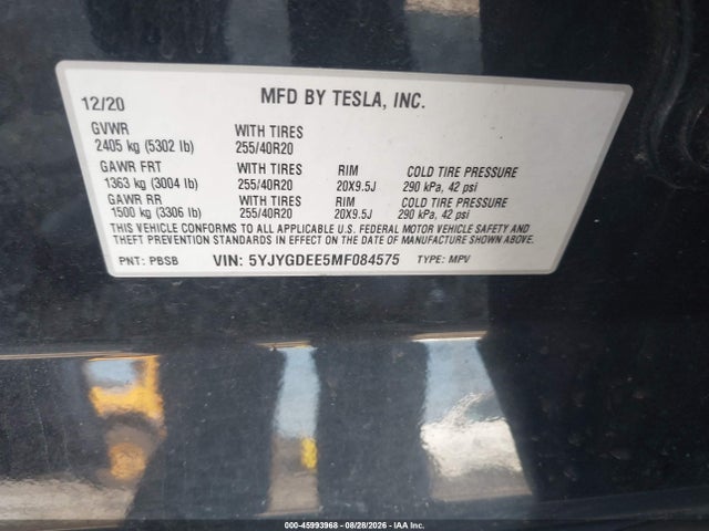 Продаж на аукціоні авто 2021 Tesla Model Y Long Range Dual Motor All-wheel Drive, vin: 5YJYGDEE5MF084575, номер лоту: 45993968