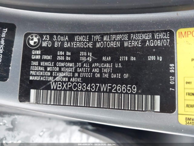 Aukcja sprzedaży 2007 Bmw X3 3.0si, vin: WBXPC93437WF26659, numer aukcji: 45993974