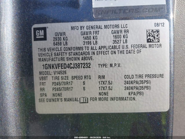 Aukcja sprzedaży 2012 Chevrolet Traverse Ls, vin: 1GNKVFED4CJ387232, numer aukcji: 45994001