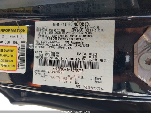 Продажа на аукционе авто 2016 Ford Fusion S, vin: 3FA6P0G74GR290266, номер лота: 45994007
