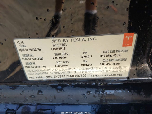 45994008 :رقم المزاد ، 5YJSA1E24JF297590 vin ، 2018 Tesla Model S 100d/75d/p100d مزاد بيع
