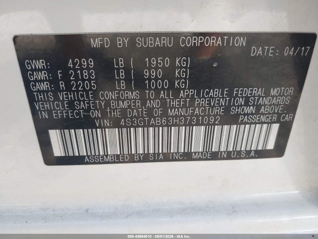 2017 Subaru Impreza 2.0i Premium მანქანა იყიდება აუქციონზე, vin: 4S3GTAB63H3731092, აუქციონის ნომერი: 45994010