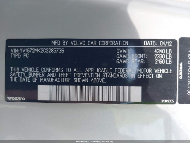 Aukcja sprzedaży 2012 Volvo C30 Platinum/premier Plus/r-design/r-design Platinum/r-design Premier Plus/t5, vin: YV1672MK2C2285736, numer aukcji: 45994027