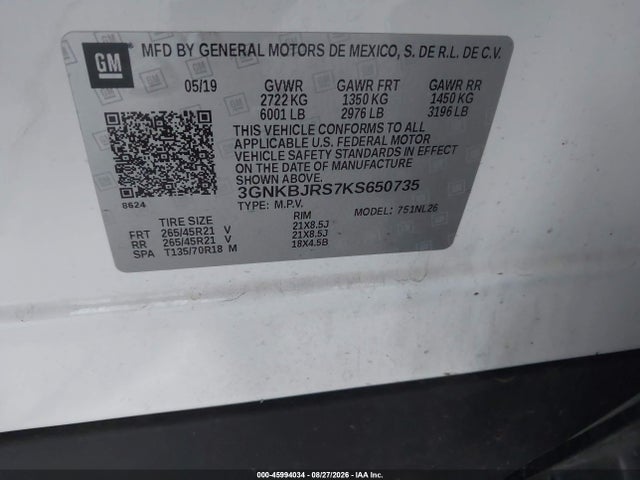 45994034 :رقم المزاد ، 3GNKBJRS7KS650735 vin ، 2019 Chevrolet Blazer Rs مزاد بيع