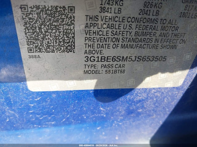 Aukcja sprzedaży 2018 Chevrolet Cruze Lt Auto, vin: 3G1BE6SM5JS653505, numer aukcji: 45994039