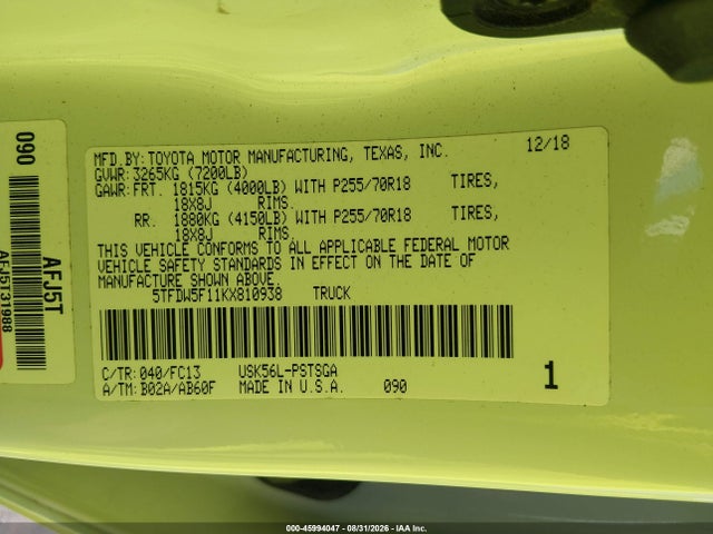 Aukcja sprzedaży 2019 Toyota Tundra Sr5 5.7l V8, vin: 5TFDW5F11KX810938, numer aukcji: 45994047