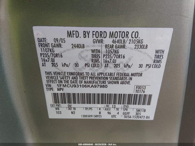 2006 Ford Escape Xlt მანქანა იყიდება აუქციონზე, vin: 1FMCU93106KA97980, აუქციონის ნომერი: 45994048