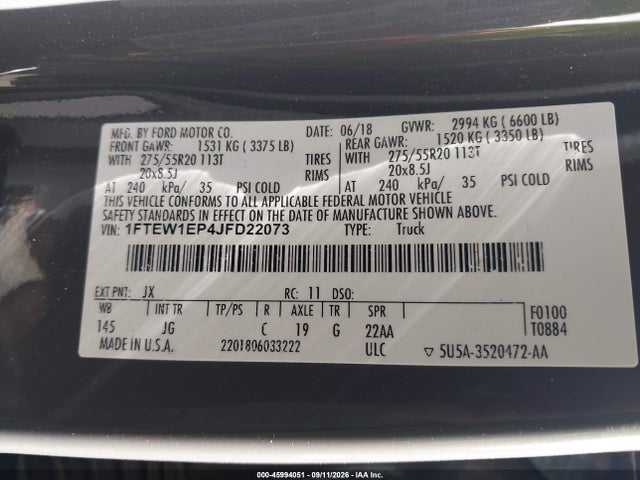 2018 Ford F-150 Xl მანქანა იყიდება აუქციონზე, vin: 1FTEW1EP4JFD22073, აუქციონის ნომერი: 45994051