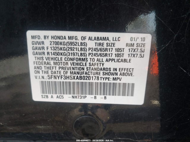 45994073 :رقم المزاد ، 5FNYF3H5XAB020178 vin ، 2010 Honda Pilot Ex-l مزاد بيع
