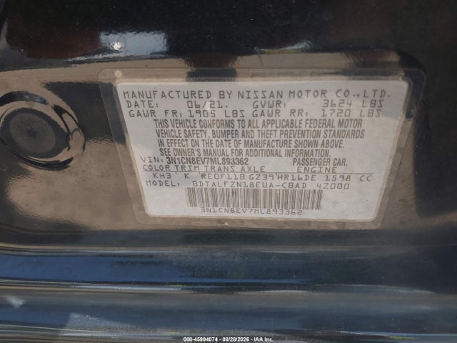 Продаж на аукціоні авто 2021 Nissan Versa Sv Xtronic Cvt, vin: 3N1CN8EV7ML893362, номер лоту: 45994074
