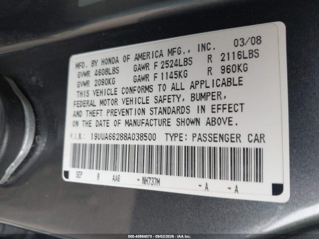 Aukcja sprzedaży 2008 Acura Tl 3.2, vin: 19UUA66288A038500, numer aukcji: 45994075