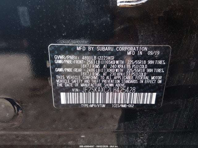 2020 Subaru Forester Touring მანქანა იყიდება აუქციონზე, vin: JF2SKAXC2LH425428, აუქციონის ნომერი: 45994087