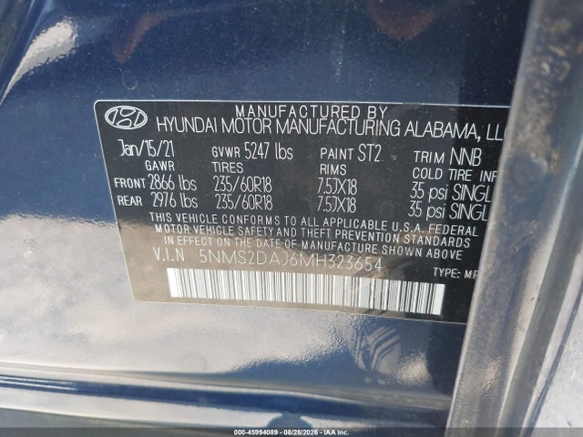 Продаж на аукціоні авто 2021 Hyundai Santa Fe Sel, vin: 5NMS2DAJ6MH323654, номер лоту: 45994089