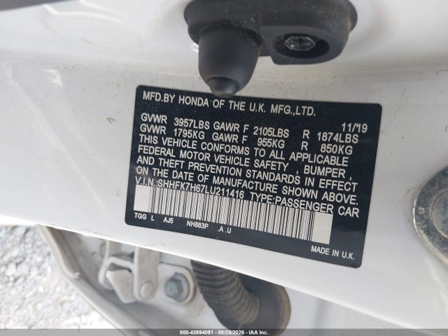 45994091 :رقم المزاد ، SHHFK7H67LU211416 vin ، 2020 Honda Civic Ex مزاد بيع
