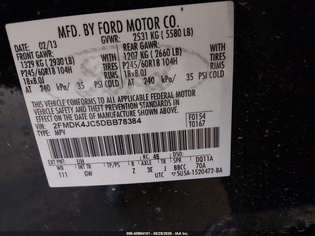 45994101 :رقم المزاد ، 2FMDK4JC5DBB78384 vin ، 2013 Ford Edge Sel مزاد بيع