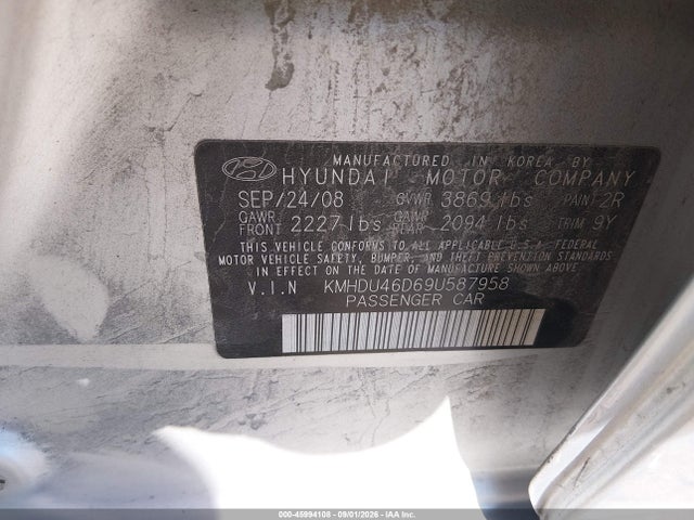 Aukcja sprzedaży 2009 Hyundai Elantra Gls, vin: KMHDU46D69U587958, numer aukcji: 45994108