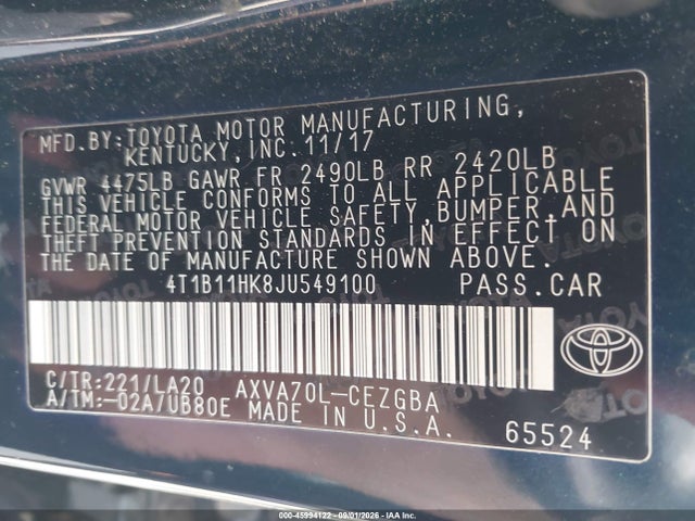 Продаж на аукціоні авто 2018 Toyota Camry Xle, vin: 4T1B11HK8JU549100, номер лоту: 45994122