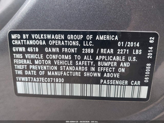 Aukcja sprzedaży 2014 Volkswagen Passat 1.8t Se, vin: 1VWBT7A37EC071930, numer aukcji: 45994125
