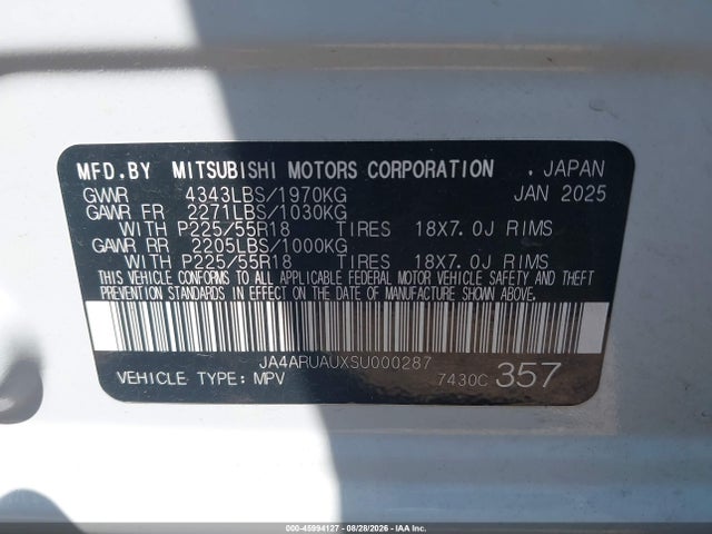 2025 Mitsubishi Outlander Sport S/es/le/se/trail Edition მანქანა იყიდება აუქციონზე, vin: JA4ARUAUXSU000287, აუქციონის ნომერი: 45994127