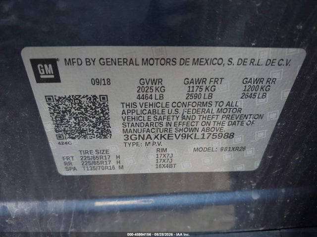 Продажа на аукционе авто 2019 Chevrolet Equinox Lt, vin: 3GNAXKEV9KL175988, номер лота: 45994156