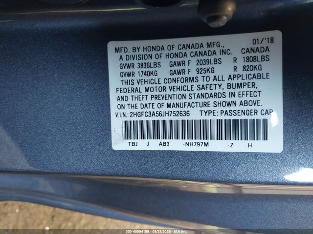 2018 Honda Civic Si მანქანა იყიდება აუქციონზე, vin: 2HGFC3A56JH752636, აუქციონის ნომერი: 45994158