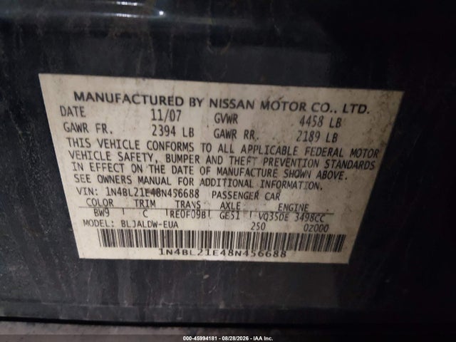 Продаж на аукціоні авто 2008 Nissan Altima 3.5 Se, vin: 1N4BL21E48N456688, номер лоту: 45994181