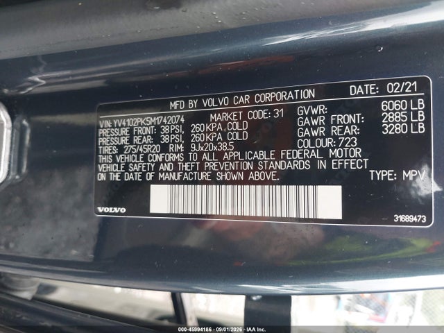 45994186 :رقم المزاد ، YV4102PK5M1742074 vin ، 2021 Volvo Xc90 T5 Momentum 7 Passenger مزاد بيع