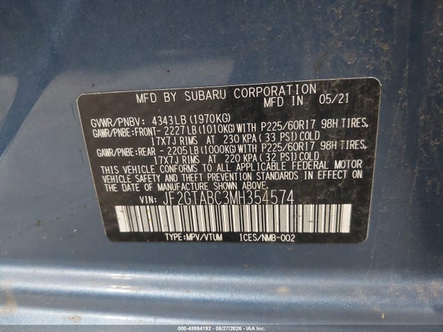 Продаж на аукціоні авто 2021 Subaru Crosstrek, vin: JF2GTABC3MH354574, номер лоту: 45994192