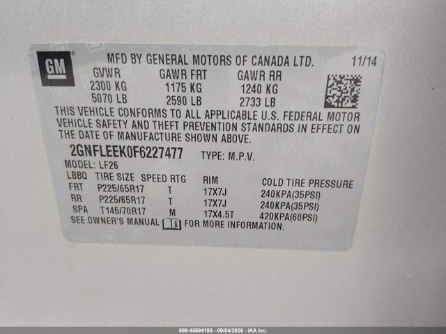 Продажа на аукционе авто 2015 Chevrolet Equinox Ls, vin: 2GNFLEEK0F6227477, номер лота: 45994193