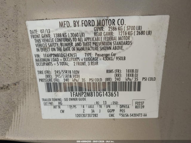 45994200 :رقم المزاد ، 1FAHP2M81DG143651 vin ، 2013 Ford Police Interceptor مزاد بيع