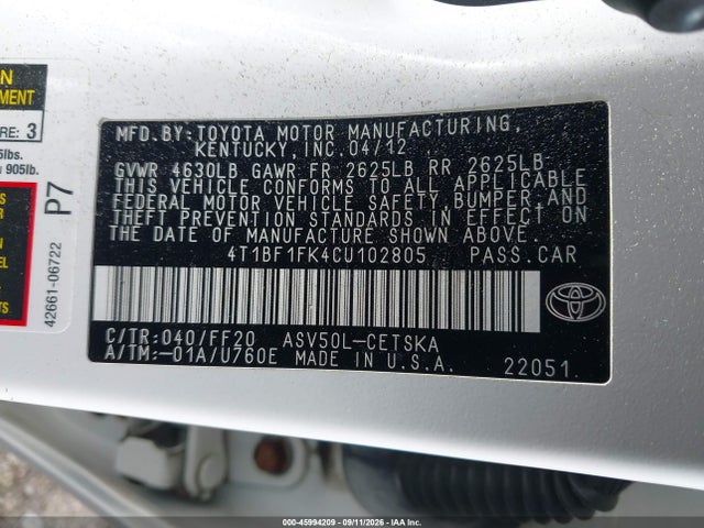 Продажа на аукционе авто 2012 Toyota Camry Se, vin: 4T1BF1FK4CU102805, номер лота: 45994209