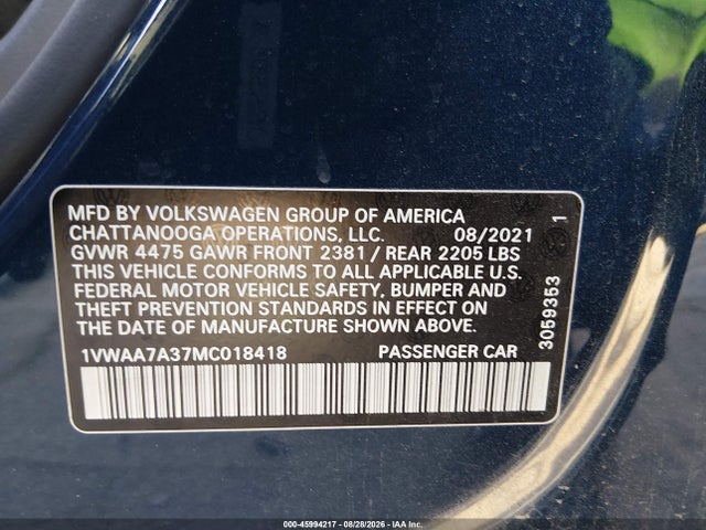 2021 Volkswagen Passat 2.0t S მანქანა იყიდება აუქციონზე, vin: 1VWAA7A37MC018418, აუქციონის ნომერი: 45994217