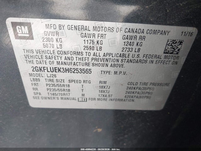 2017 Gmc Terrain Slt მანქანა იყიდება აუქციონზე, vin: 2GKFLUEK3H6253565, აუქციონის ნომერი: 45994228