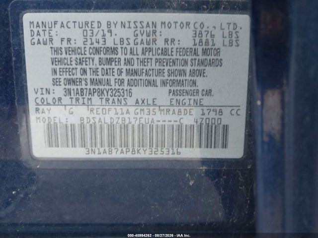 3N1AB7AP8KY325316 Nissan SENTRA SV
