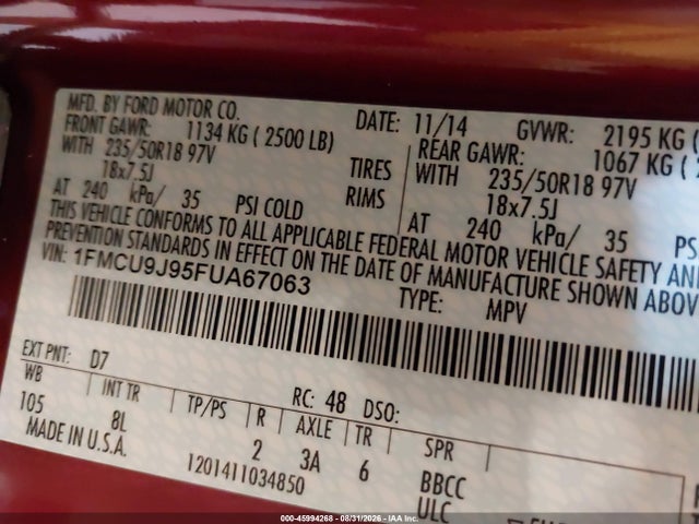 Продажа на аукционе авто 2015 Ford Escape Titanium, vin: 1FMCU9J95FUA67063, номер лота: 45994268
