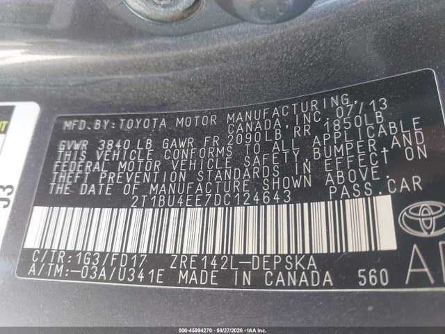 Aukcja sprzedaży 2013 Toyota Corolla S, vin: 2T1BU4EE7DC124643, numer aukcji: 45994270