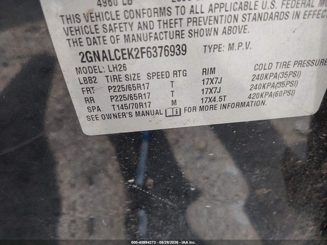 Aukcja sprzedaży 2015 Chevrolet Equinox 2lt, vin: 2GNALCEK2F6376939, numer aukcji: 45994273