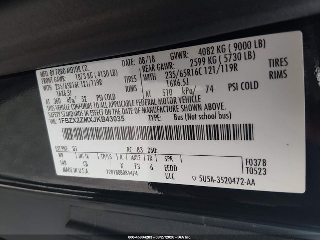 Продажа на аукционе авто 2018 Ford Transit-350 Xl, vin: 1FBZX2ZMXJKB43035, номер лота: 45994283