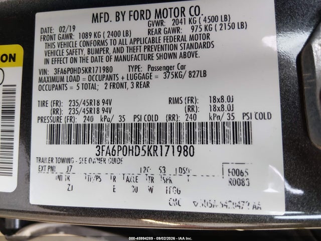 Продаж на аукціоні авто 2019 Ford Fusion Se, vin: 3FA6P0HD5KR171980, номер лоту: 45994289